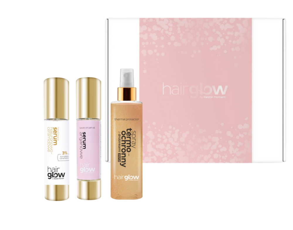 HairGlow zestaw prezentowy spray termoochronny + serum agranowe + serum z ceramidami