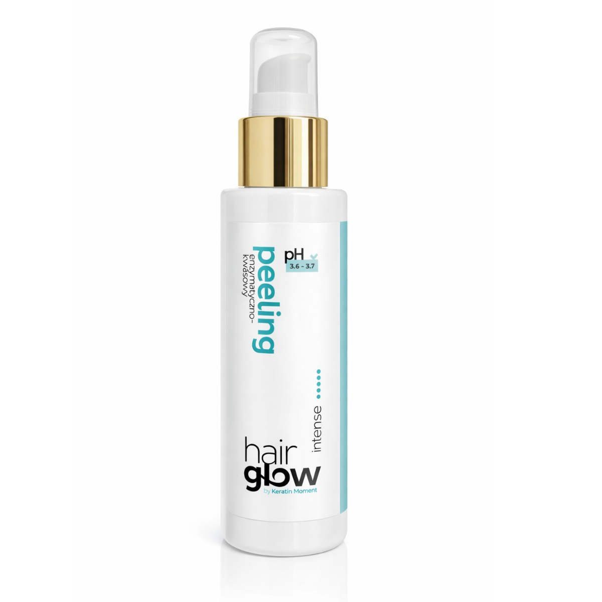 HairGlow TrichoCare+ peeling enzymatyczno-kwasowy do skóry głowy 1 Peeling enzymatyczno-kwasowy Hair Glow Intense w białej butelce z dozownikiem, pH 3.4–3.7, produkt do skóry głowy